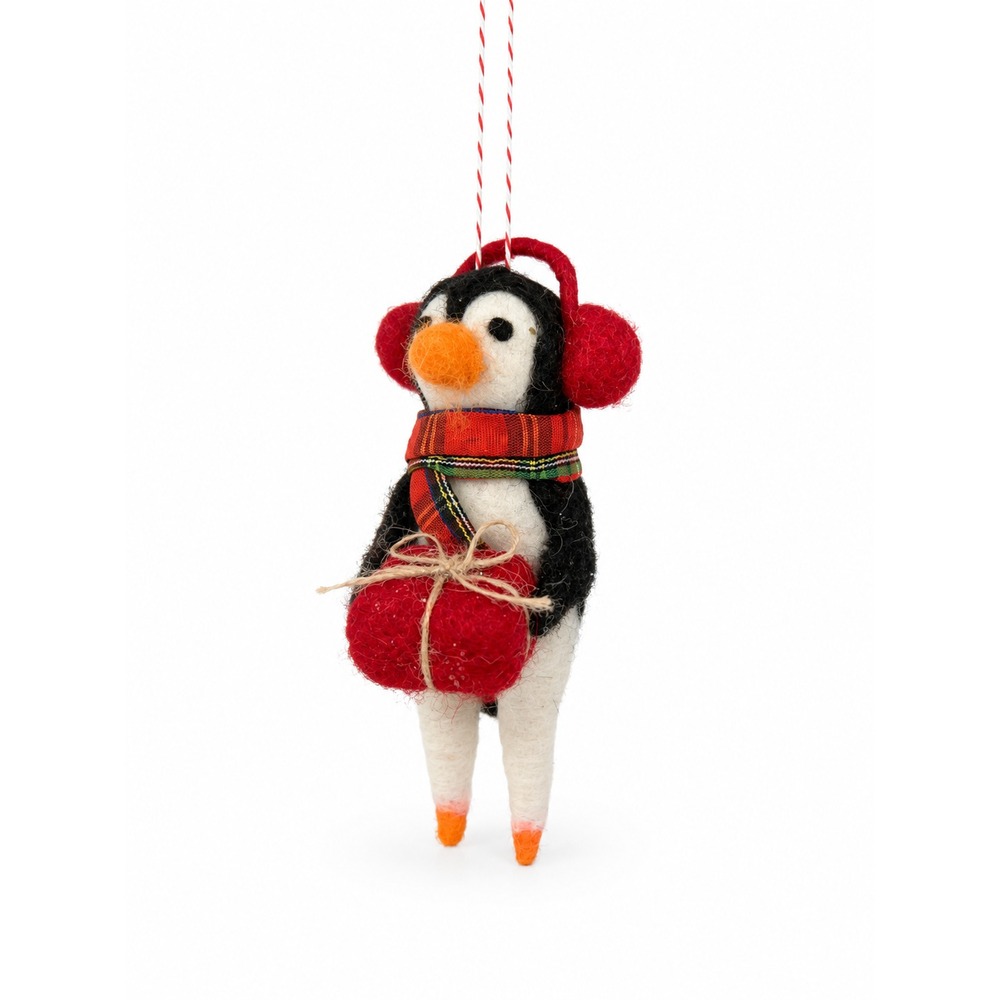 Gisela Graham Wool Mix Penguin Earmuffs Parcel Christmas Ornament